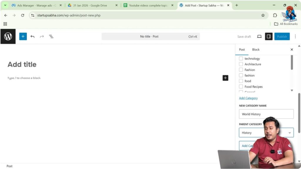 Creating subcategory under parent category in WordPress settings