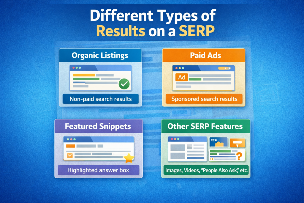 SERP example showing ads, organic links, snippets, and images