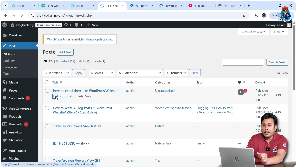 Editing WordPress blog post to add tags