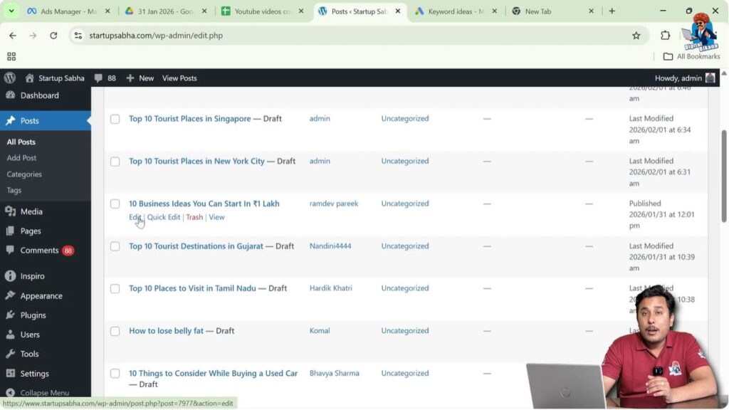 Editing blog post content in WordPress block editor screen