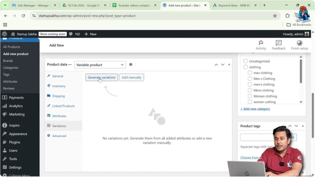 Generating product variations in WooCommerce variable product section