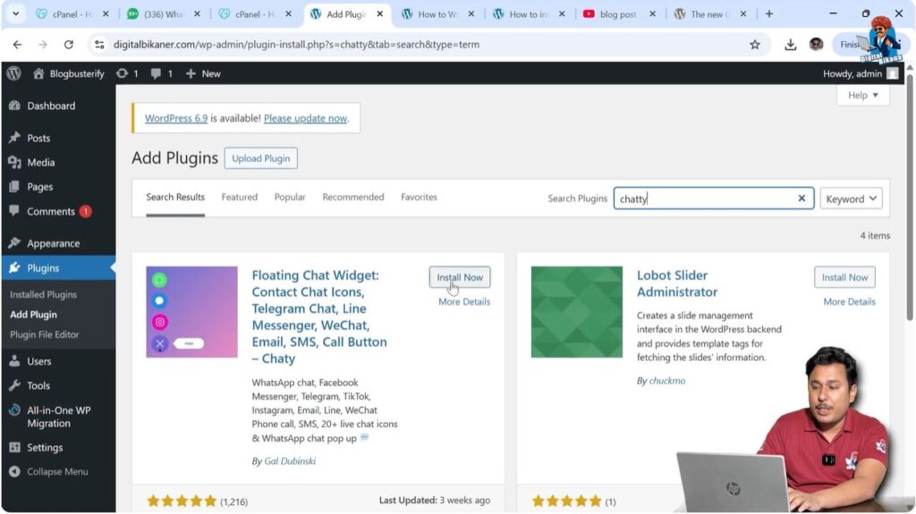 Installing Chaty plugin for WhatsApp chat button WordPress website