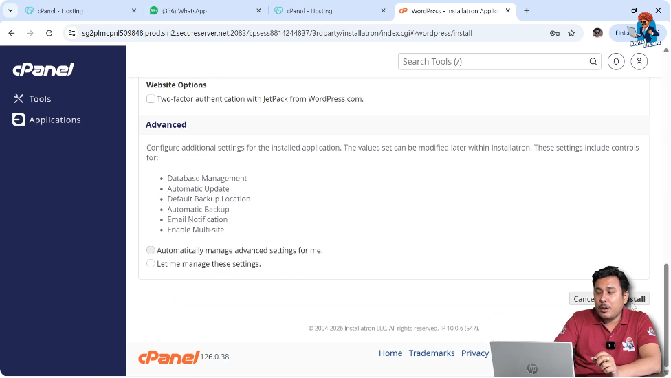 Clicking install button to complete WordPress installation in cPanel