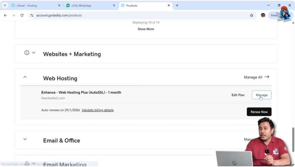 Managing hosting plan from GoDaddy My Products section