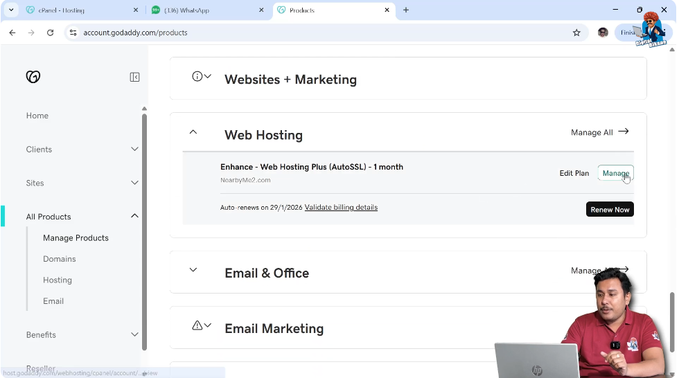Managing hosting plan from GoDaddy My Products dashboard
