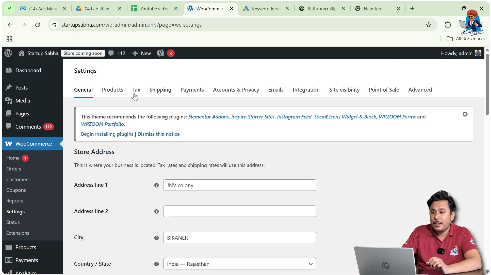 WooCommerce settings page with Tax tab selected