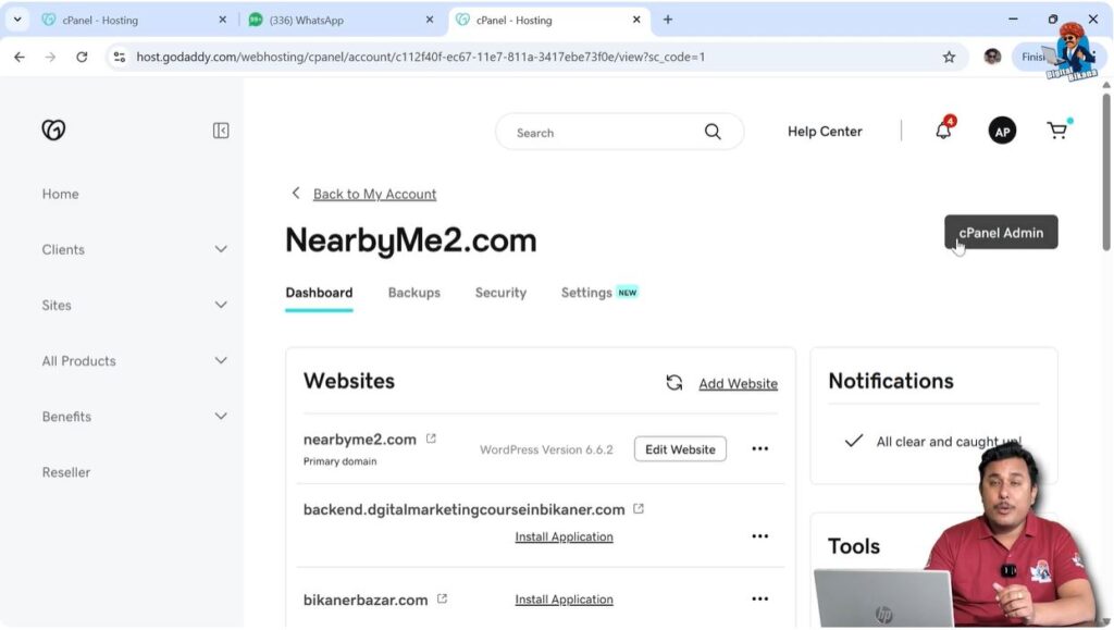 GoDaddy cPanel dashboard for managing hosting resources