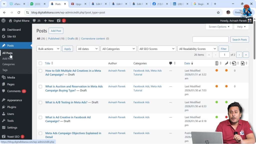 WordPress dashboard posts section showing all posts list screen