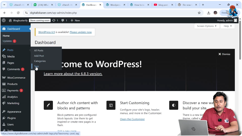 Opening tags section in WordPress posts menu to create new tags