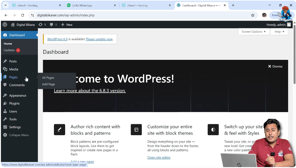 Pages section in WordPress dashboard for creating website pages