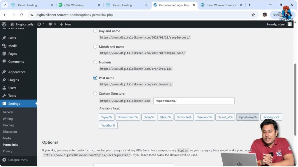 Post name permalink structure example in WordPress