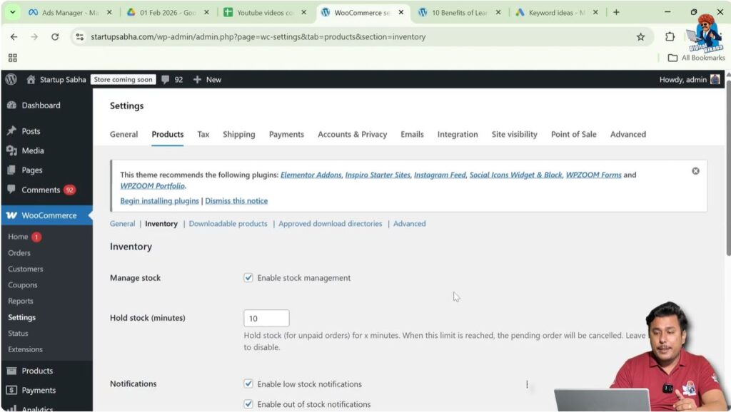 WooCommerce inventory settings showing stock management and low stock notifications
