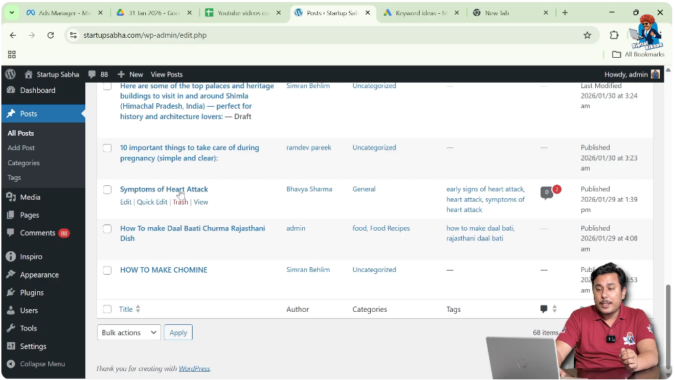 Clicking trash option under WordPress blog