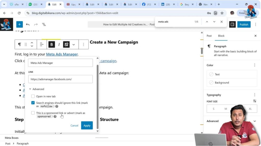 Sponsored link attribute option in WordPress advanced link settings