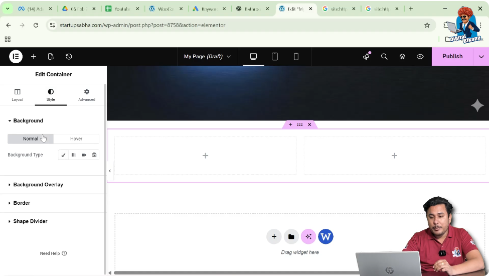 Elementor container style settings including background overlay border and shape divider