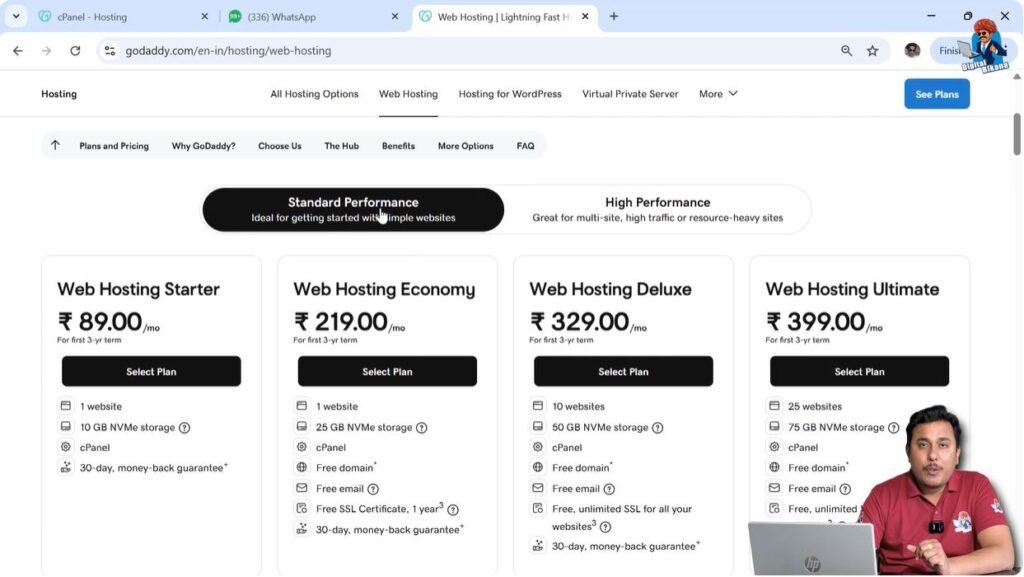 GoDaddy hosting page showing standard and higher performance hosting plans