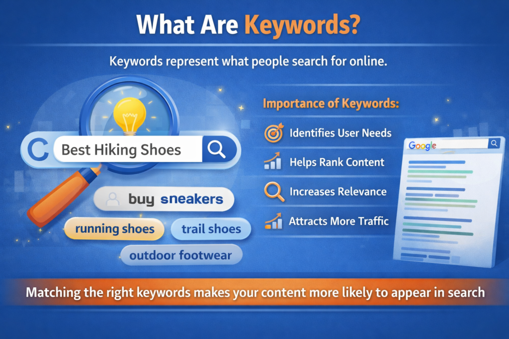 What are Keywords in SEO diagram showing search terms typed into search engines