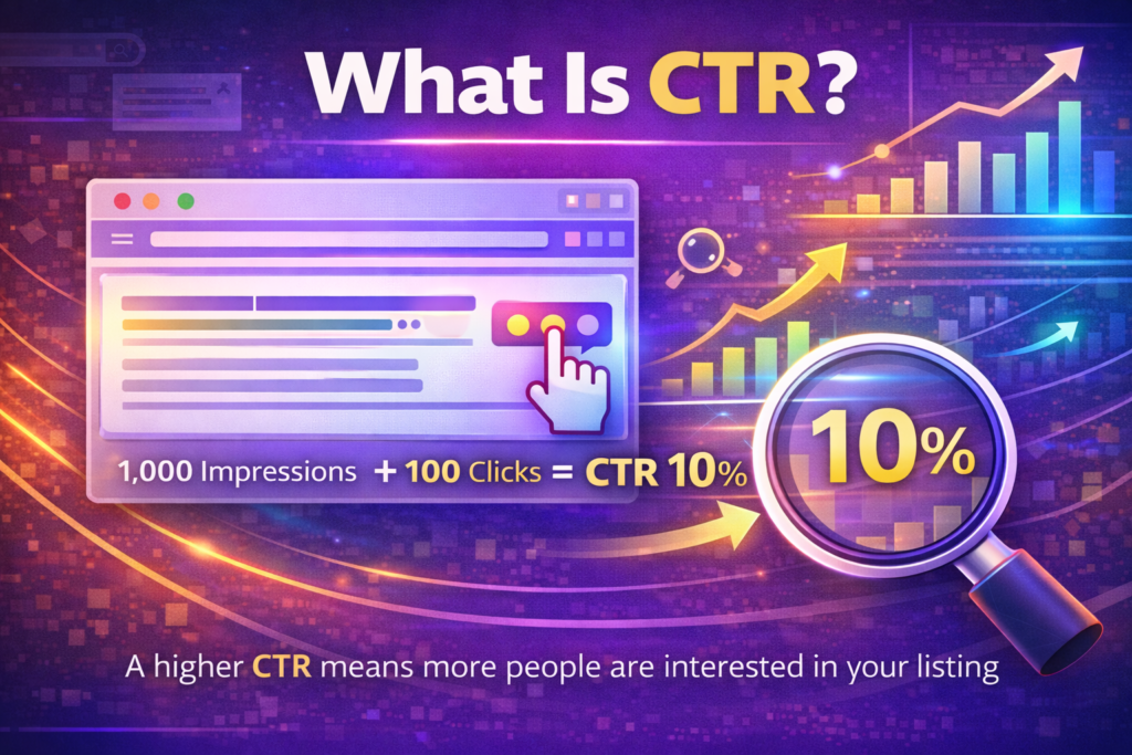 Illustration explaining click-through rate as clicks divided by impressions