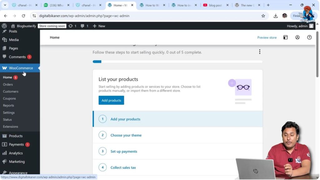 WooCommerce menu options showing products payments analytics sections