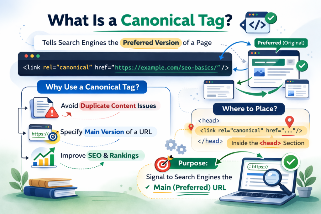 Example of canonical tag code inside webpage HTML